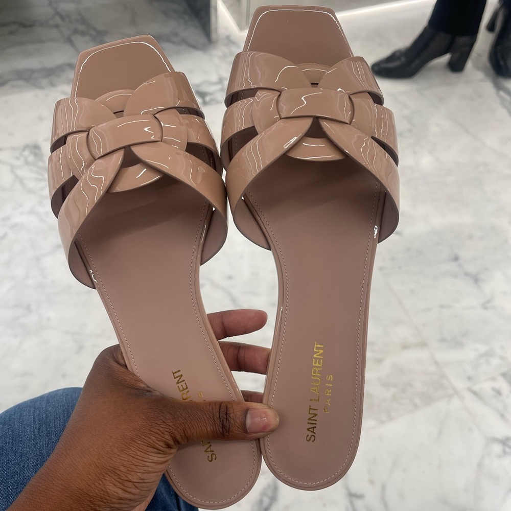 Saint Laurent tribute open toe mules/ sandals in nude pale pink